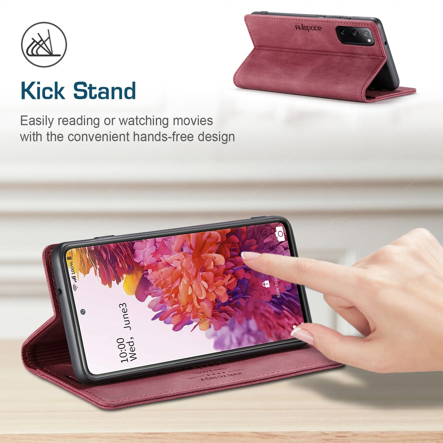 AUTSPACE A01 Series for Samsung Galaxy S20 FE 4G/5G/S20 Lite/S20 Fan Edition 4G/5G/S20 FE 2022 PU Leather Case RFID Blocking Cover - Red