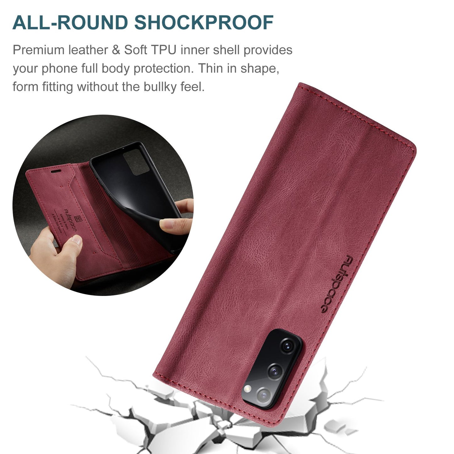 AUTSPACE A01 Series for Samsung Galaxy S20 FE 4G/5G/S20 Lite/S20 Fan Edition 4G/5G/S20 FE 2022 PU Leather Case RFID Blocking Cover - Red