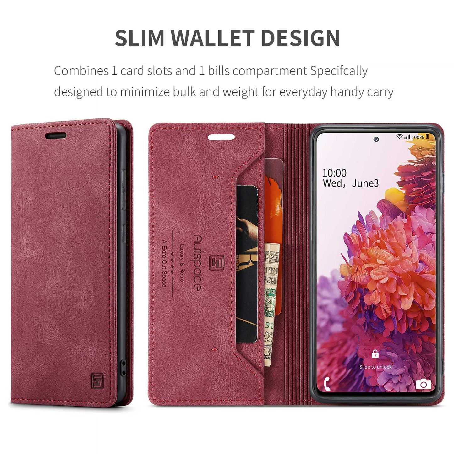 AUTSPACE A01 Series for Samsung Galaxy S20 FE 4G/5G/S20 Lite/S20 Fan Edition 4G/5G/S20 FE 2022 PU Leather Case RFID Blocking Cover - Red