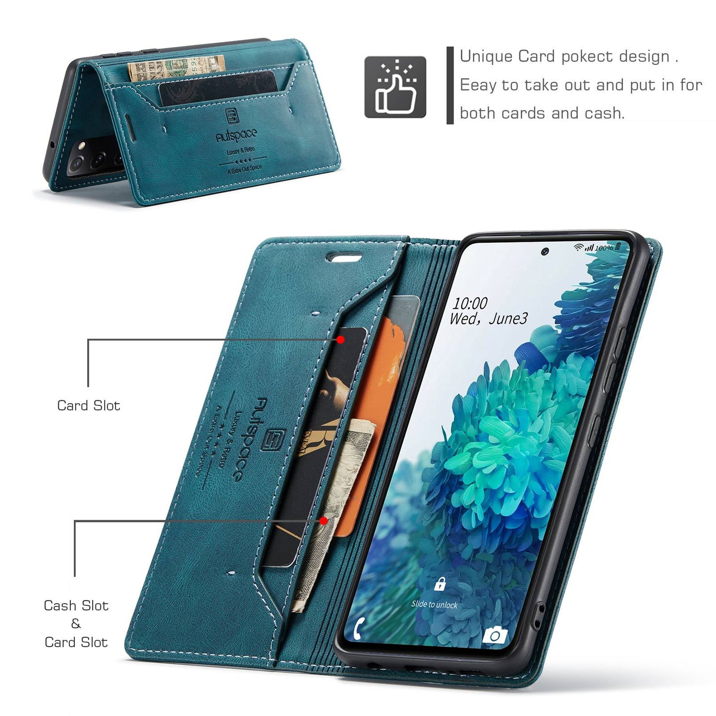 AUTSPACE A01 Series for Samsung Galaxy S20 FE 4G/5G/S20 Lite/S20 Fan Edition 4G/5G/S20 FE 2022 PU Leather Case RFID Blocking Cover - Blue
