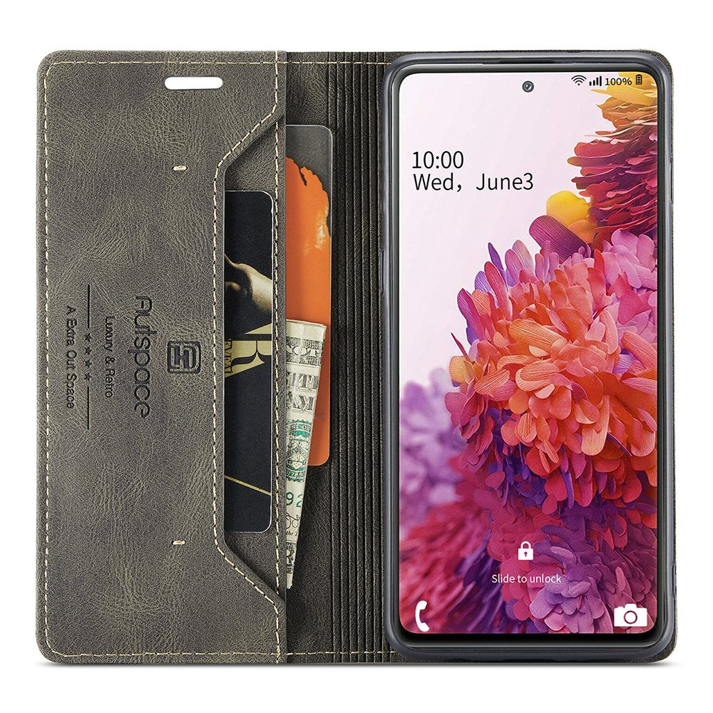 AUTSPACE A01 Series for Samsung Galaxy S20 FE 4G / 5G / S20 Lite / S20 Fan Edition 4G / 5G / S20 FE 2022 PU Leather Case RFID Blocking Cover - Coffee