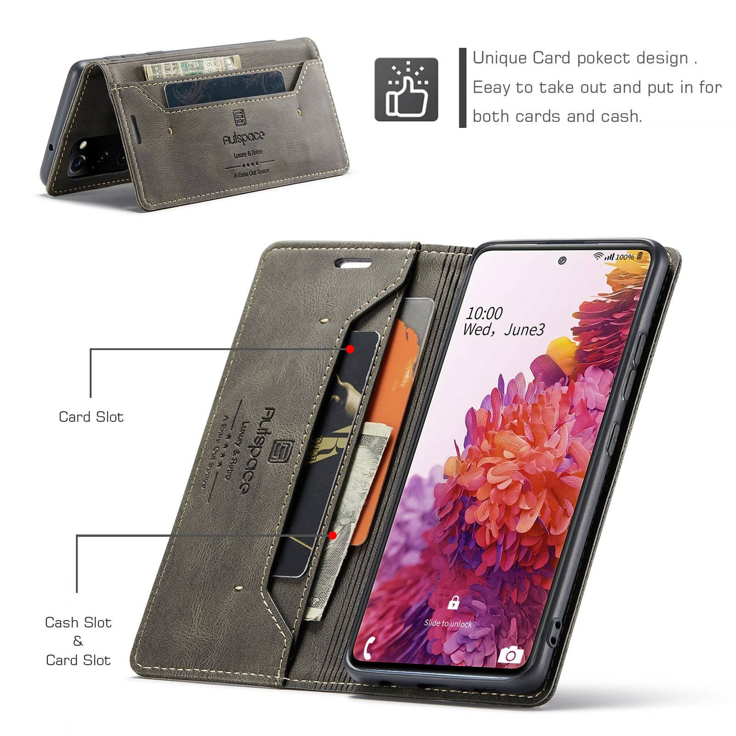 AUTSPACE A01 Series for Samsung Galaxy S20 FE 4G / 5G / S20 Lite / S20 Fan Edition 4G / 5G / S20 FE 2022 PU Leather Case RFID Blocking Cover - Coffee