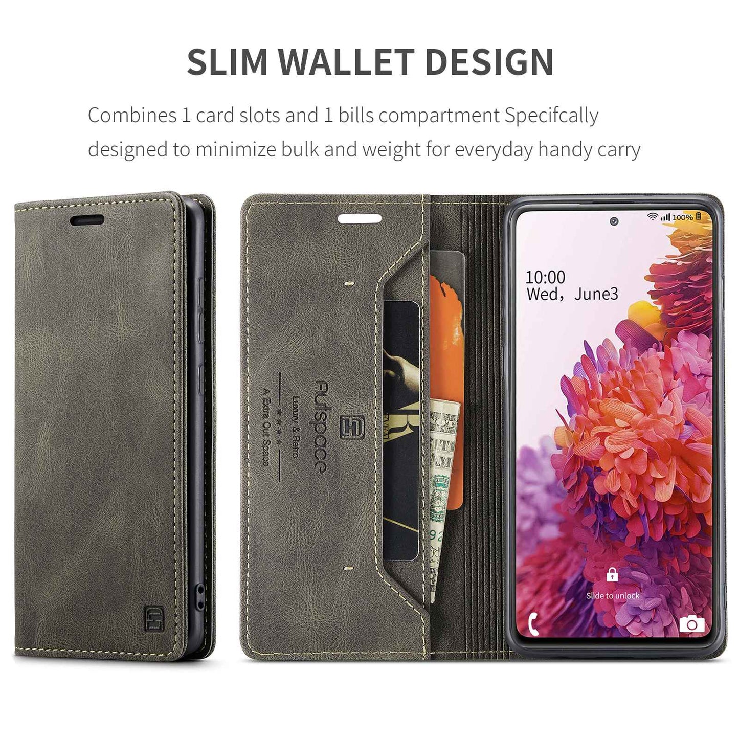 AUTSPACE A01 Series for Samsung Galaxy S20 FE 4G / 5G / S20 Lite / S20 Fan Edition 4G / 5G / S20 FE 2022 PU Leather Case RFID Blocking Cover - Coffee