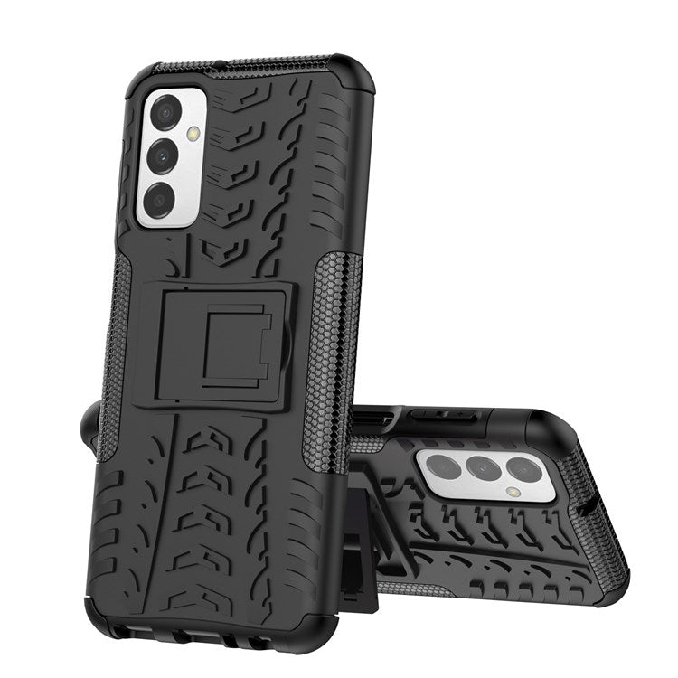 For Samsung Galaxy M23 5G/F23 5G Cool Tire Texture Kickstand Case TPU + PC Dual Layer Phone Cover - Black