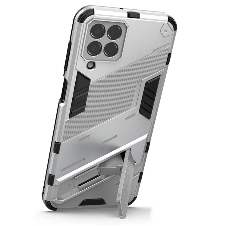For Samsung Galaxy M33 5G (India Version) Drop-proof Protection Armor Shell Hard PC Soft TPU Cell Phone Case with Kickstand - White