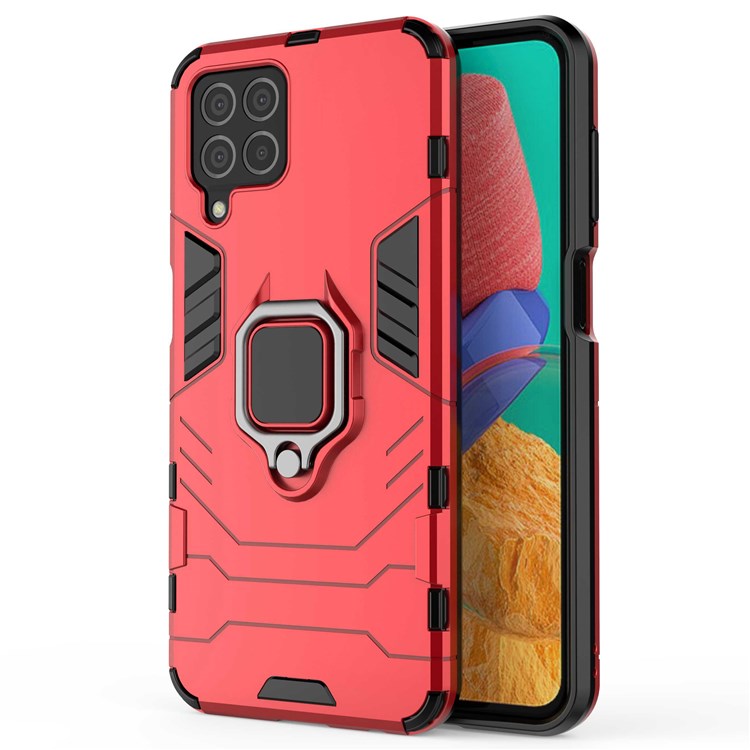 For Samsung Galaxy M33 5G (India Version) Ring Holder Kickstand Protective Case Soft TPU + Hard PC Hybrid Phone Cover - Red