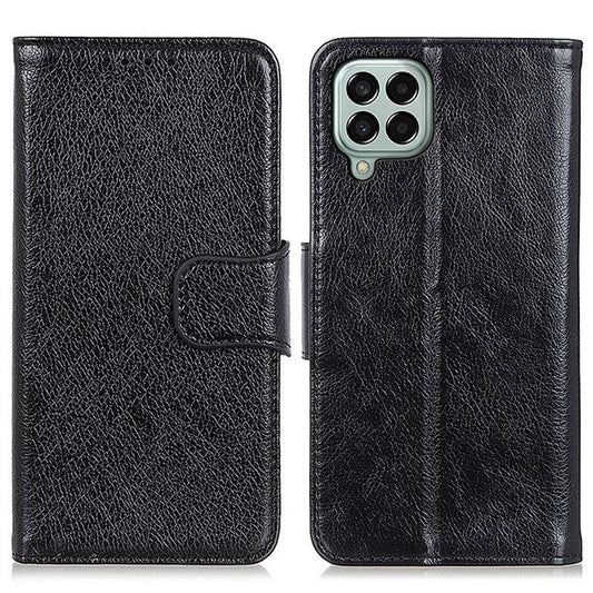 For Samsung Galaxy M33 5G (Global Version) Split Leather Cell Phone Flip Case Drop Resistant Nappa Texture Stand Wallet Magnetic Cover - Black