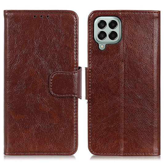 For Samsung Galaxy M33 5G (Global Version) Split Leather Cell Phone Flip Case Drop Resistant Nappa Texture Stand Wallet Magnetic Cover - Brown
