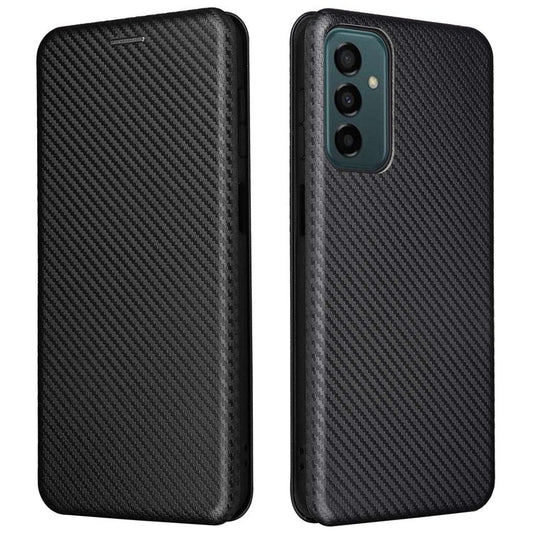 For Samsung Galaxy M23 5G/F23 5G Carbon Fiber Texture Phone Case PU Leather Card Holder Stand Magnetic Closure Cover - Black