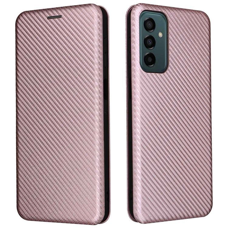 For Samsung Galaxy M23 5G/F23 5G Carbon Fiber Texture Phone Case PU Leather Card Holder Stand Magnetic Closure Cover - Rose Gold