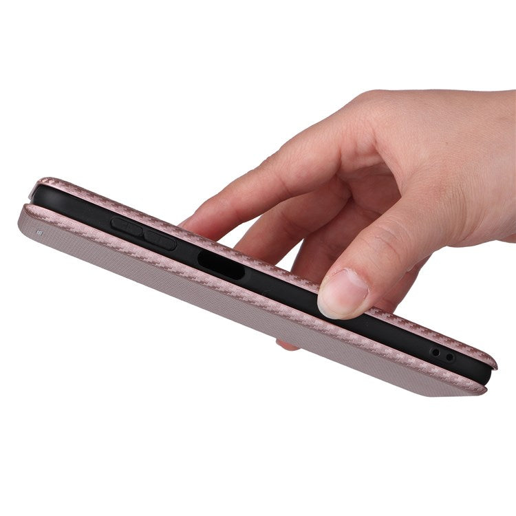 For Samsung Galaxy M23 5G/F23 5G Carbon Fiber Texture Phone Case PU Leather Card Holder Stand Magnetic Closure Cover - Rose Gold