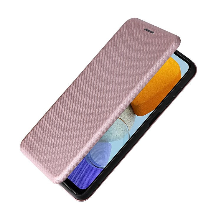 For Samsung Galaxy M23 5G/F23 5G Carbon Fiber Texture Phone Case PU Leather Card Holder Stand Magnetic Closure Cover - Rose Gold