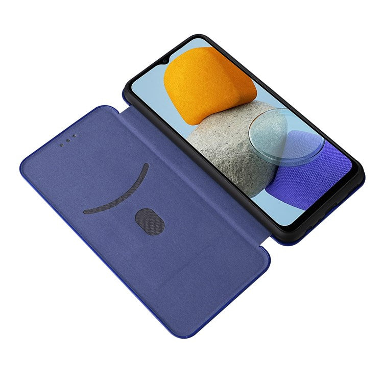 For Samsung Galaxy M23 5G/F23 5G Carbon Fiber Texture Phone Case PU Leather Card Holder Stand Magnetic Closure Cover - Blue