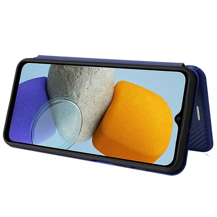 For Samsung Galaxy M23 5G/F23 5G Carbon Fiber Texture Phone Case PU Leather Card Holder Stand Magnetic Closure Cover - Blue