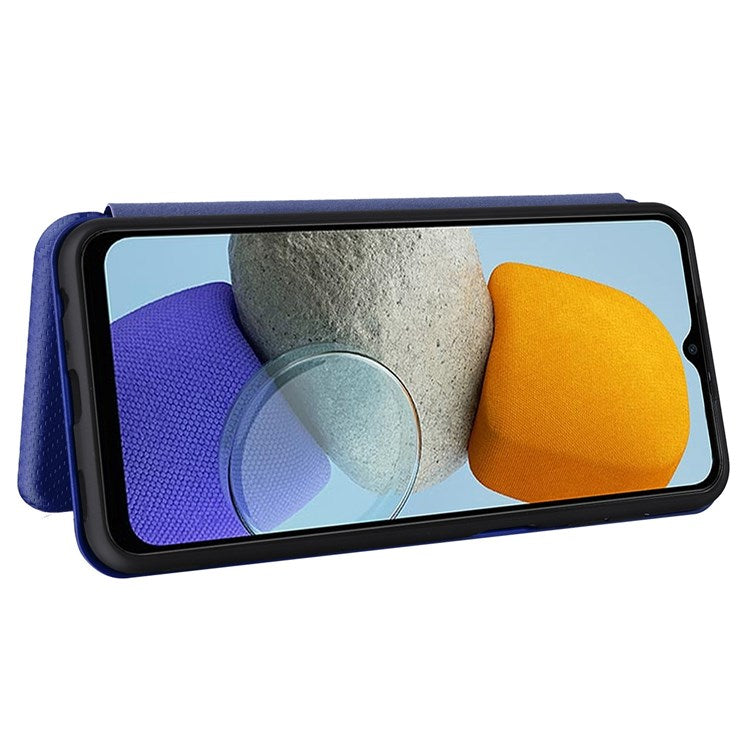 For Samsung Galaxy M23 5G/F23 5G Carbon Fiber Texture Phone Case PU Leather Card Holder Stand Magnetic Closure Cover - Blue