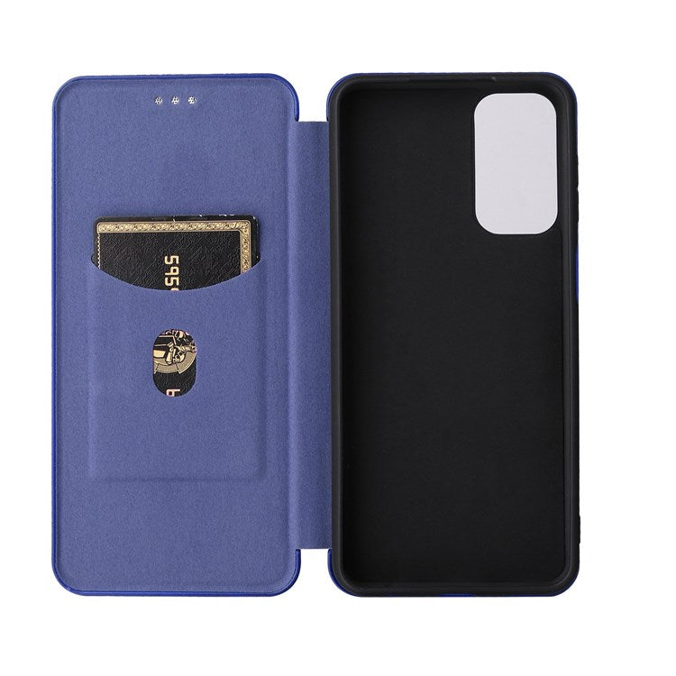For Samsung Galaxy M23 5G/F23 5G Carbon Fiber Texture Phone Case PU Leather Card Holder Stand Magnetic Closure Cover - Blue