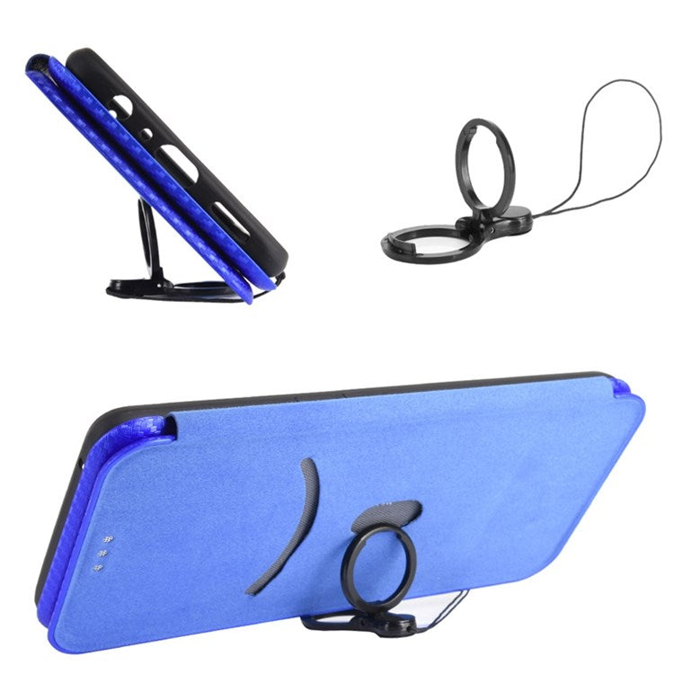 For Samsung Galaxy M23 5G/F23 5G Carbon Fiber Texture Phone Case PU Leather Card Holder Stand Magnetic Closure Cover - Blue