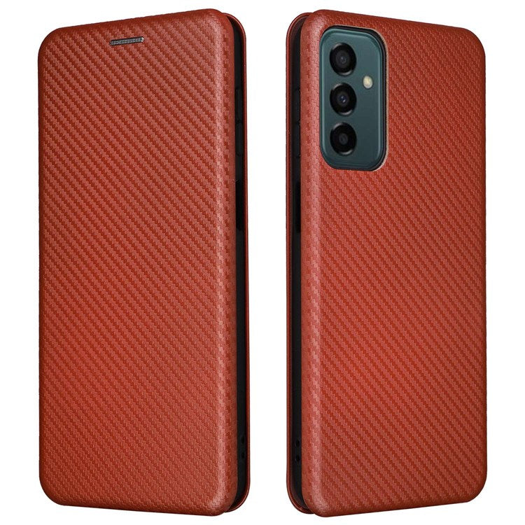 For Samsung Galaxy M23 5G/F23 5G Carbon Fiber Texture Phone Case PU Leather Card Holder Stand Magnetic Closure Cover - Orange