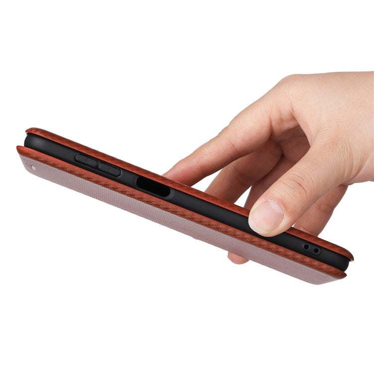 For Samsung Galaxy M23 5G/F23 5G Carbon Fiber Texture Phone Case PU Leather Card Holder Stand Magnetic Closure Cover - Orange