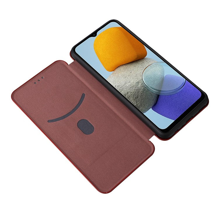 For Samsung Galaxy M23 5G/F23 5G Carbon Fiber Texture Phone Case PU Leather Card Holder Stand Magnetic Closure Cover - Orange