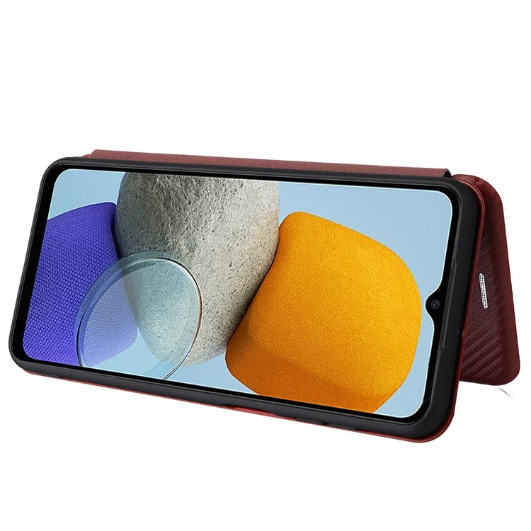 For Samsung Galaxy M23 5G/F23 5G Carbon Fiber Texture Phone Case PU Leather Card Holder Stand Magnetic Closure Cover - Orange