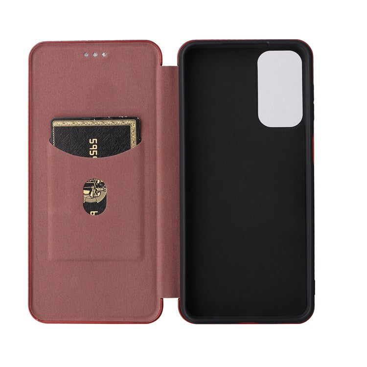 For Samsung Galaxy M23 5G/F23 5G Carbon Fiber Texture Phone Case PU Leather Card Holder Stand Magnetic Closure Cover - Orange