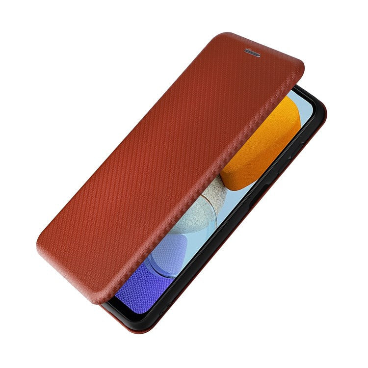 For Samsung Galaxy M23 5G/F23 5G Carbon Fiber Texture Phone Case PU Leather Card Holder Stand Magnetic Closure Cover - Orange