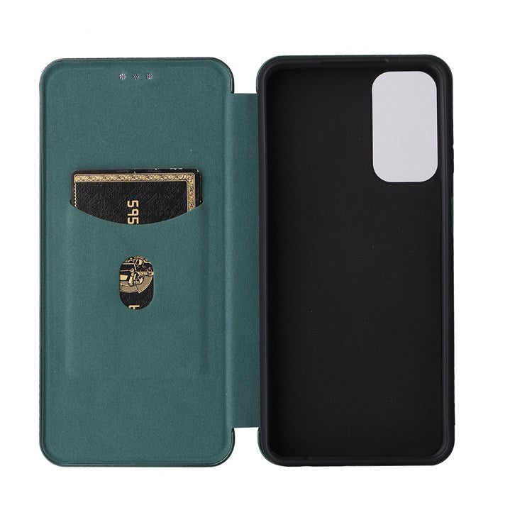 For Samsung Galaxy M23 5G/F23 5G Carbon Fiber Texture Phone Case PU Leather Card Holder Stand Magnetic Closure Cover - Green
