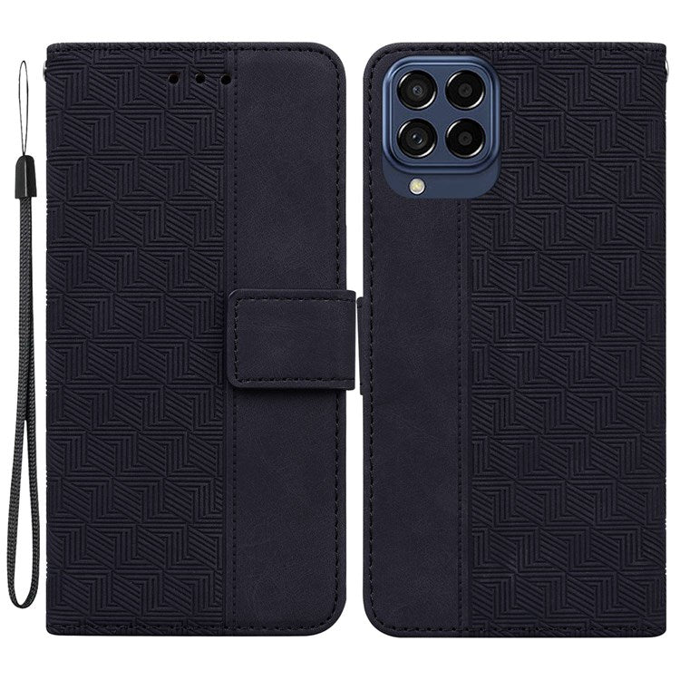 For Samsung Galaxy M53 5G Shockproof Geometry Pattern Imprinted Phone Case PU Leather Wallet Stand Flip Cover with Hand Strap - Black