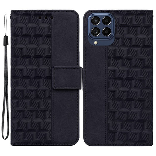For Samsung Galaxy M53 5G Shockproof Geometry Pattern Imprinted Phone Case PU Leather Wallet Stand Flip Cover with Hand Strap - Black
