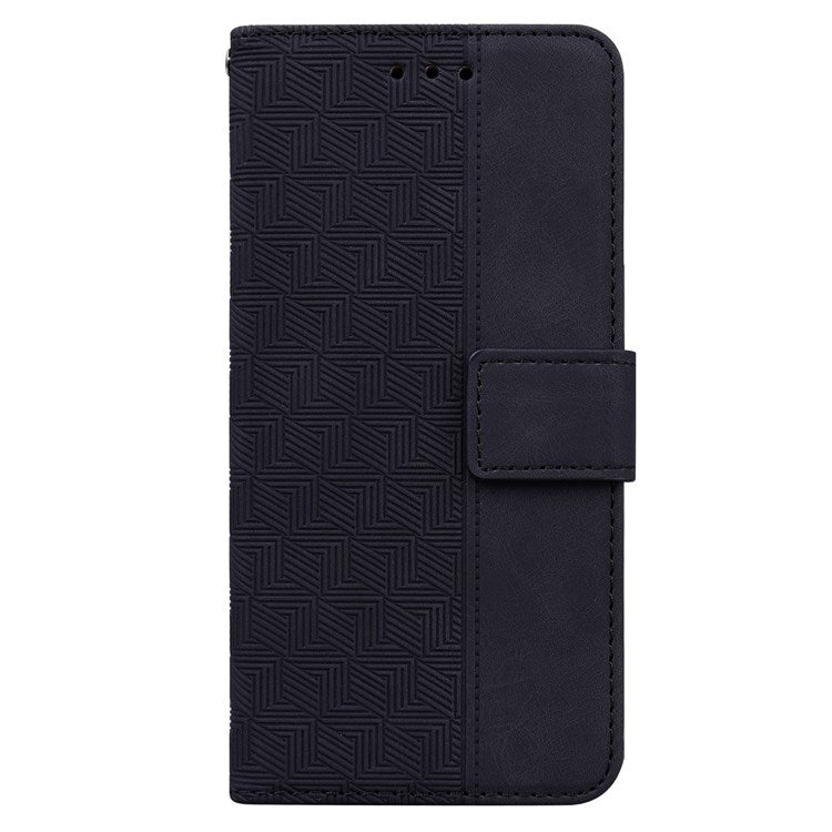 For Samsung Galaxy M53 5G Shockproof Geometry Pattern Imprinted Phone Case PU Leather Wallet Stand Flip Cover with Hand Strap - Black