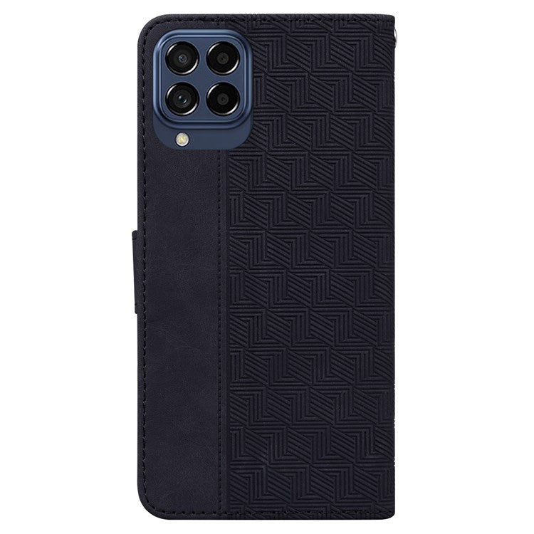 For Samsung Galaxy M53 5G Shockproof Geometry Pattern Imprinted Phone Case PU Leather Wallet Stand Flip Cover with Hand Strap - Black