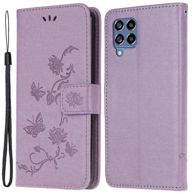 For Samsung Galaxy M33 5G (India Version) PU Leather Magnetic Flip Cover Butterfly Flower Imprinted Stand Hand Strap Wallet Purse Case - Purple