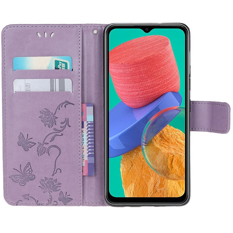 For Samsung Galaxy M33 5G (India Version) PU Leather Magnetic Flip Cover Butterfly Flower Imprinted Stand Hand Strap Wallet Purse Case - Purple