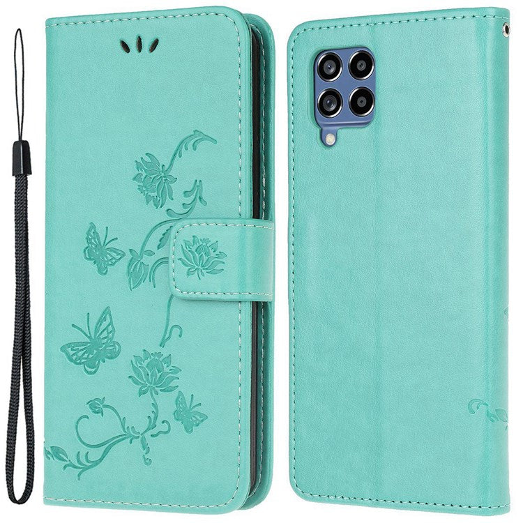 For Samsung Galaxy M33 5G (India Version) PU Leather Magnetic Flip Cover Butterfly Flower Imprinted Stand Hand Strap Wallet Purse Case - Green