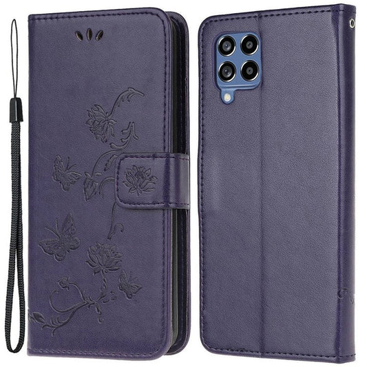 For Samsung Galaxy M33 5G (India Version) PU Leather Magnetic Flip Cover Butterfly Flower Imprinted Stand Hand Strap Wallet Purse Case - Dark Blue