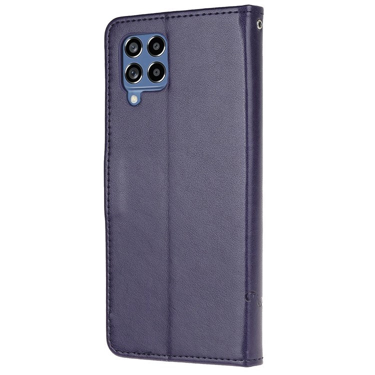 For Samsung Galaxy M33 5G (India Version) PU Leather Magnetic Flip Cover Butterfly Flower Imprinted Stand Hand Strap Wallet Purse Case - Dark Blue