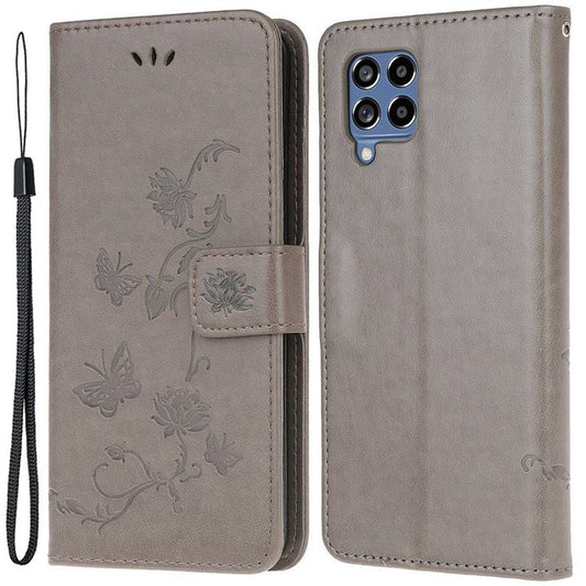 For Samsung Galaxy M33 5G (India Version) PU Leather Magnetic Flip Cover Butterfly Flower Imprinted Stand Hand Strap Wallet Purse Case - Grey