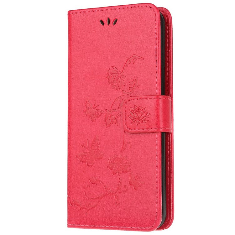 For Samsung Galaxy M33 5G (India Version) PU Leather Magnetic Flip Cover Butterfly Flower Imprinted Stand Hand Strap Wallet Purse Case - Red