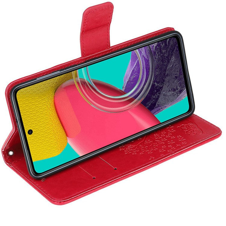 For Samsung Galaxy M33 5G (India Version) PU Leather Owl Tree Pattern Imprinted Phone Cover Wallet Viewing Stand Anti-Drop Protective Case with Wrist Strap - Red