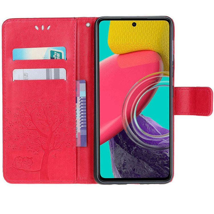 For Samsung Galaxy M33 5G (India Version) PU Leather Owl Tree Pattern Imprinted Phone Cover Wallet Viewing Stand Anti-Drop Protective Case with Wrist Strap - Red
