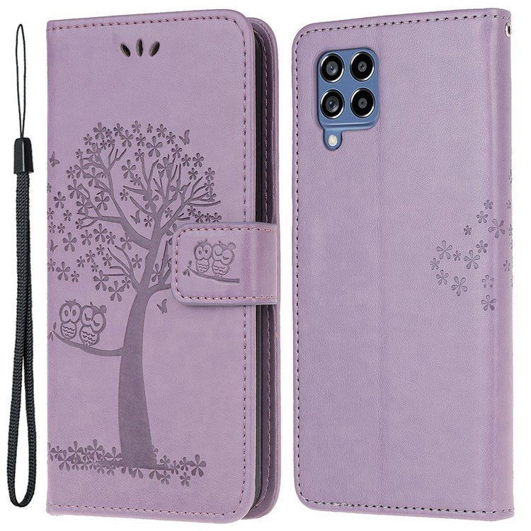 For Samsung Galaxy M33 5G (India Version) PU Leather Owl Tree Pattern Imprinted Phone Cover Wallet Viewing Stand Anti-Drop Protective Case with Wrist Strap - Purple