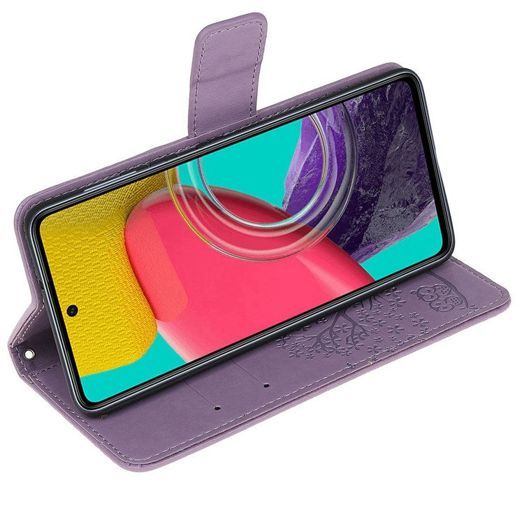 For Samsung Galaxy M33 5G (India Version) PU Leather Owl Tree Pattern Imprinted Phone Cover Wallet Viewing Stand Anti-Drop Protective Case with Wrist Strap - Purple