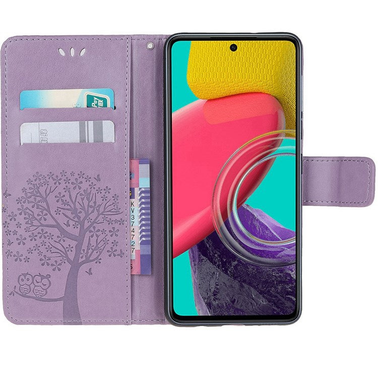 For Samsung Galaxy M33 5G (India Version) PU Leather Owl Tree Pattern Imprinted Phone Cover Wallet Viewing Stand Anti-Drop Protective Case with Wrist Strap - Purple