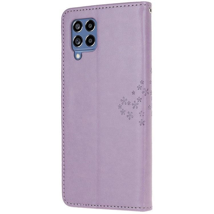 For Samsung Galaxy M33 5G (India Version) PU Leather Owl Tree Pattern Imprinted Phone Cover Wallet Viewing Stand Anti-Drop Protective Case with Wrist Strap - Purple