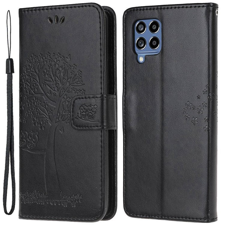 For Samsung Galaxy M33 5G (India Version) PU Leather Owl Tree Pattern Imprinted Phone Cover Wallet Viewing Stand Anti-Drop Protective Case with Wrist Strap - Black