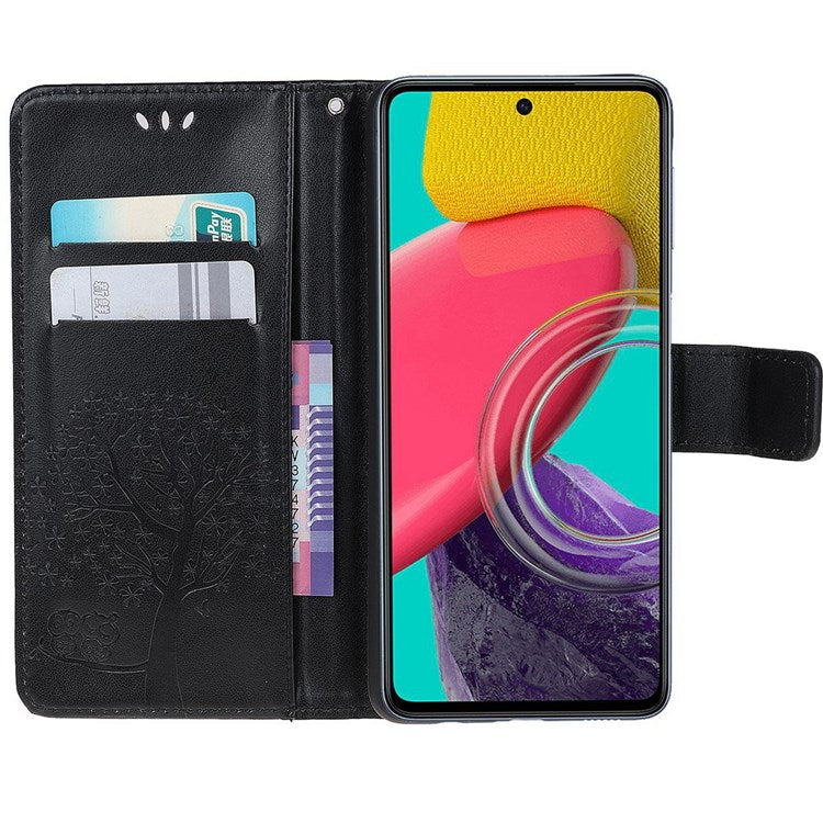 For Samsung Galaxy M33 5G (India Version) PU Leather Owl Tree Pattern Imprinted Phone Cover Wallet Viewing Stand Anti-Drop Protective Case with Wrist Strap - Black