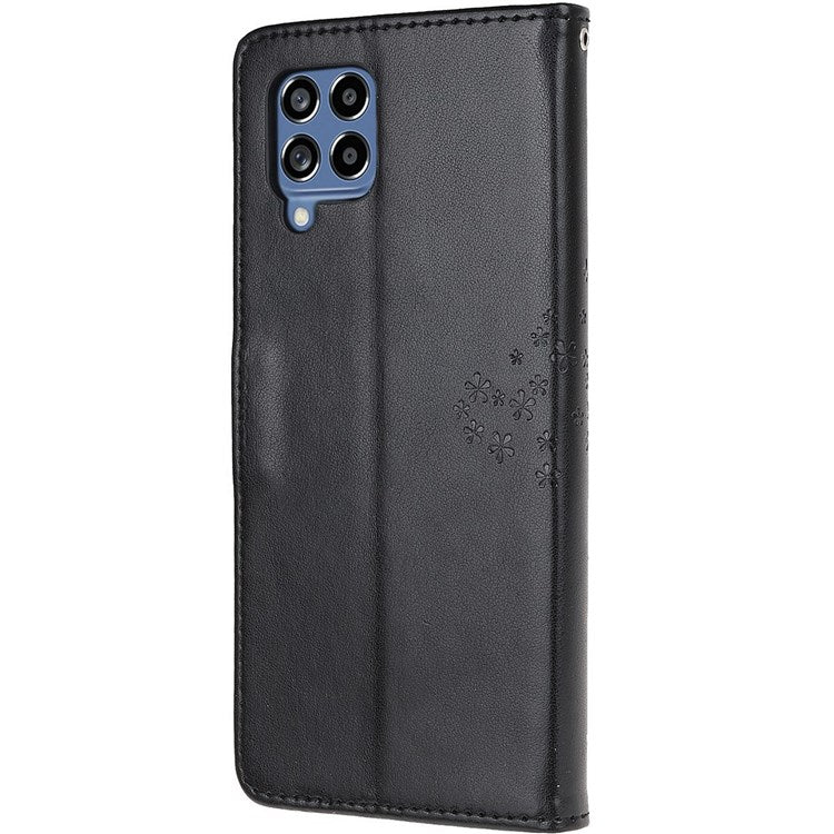 For Samsung Galaxy M33 5G (India Version) PU Leather Owl Tree Pattern Imprinted Phone Cover Wallet Viewing Stand Anti-Drop Protective Case with Wrist Strap - Black