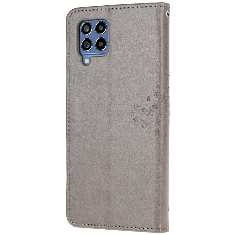 For Samsung Galaxy M33 5G (India Version) PU Leather Owl Tree Pattern Imprinted Phone Cover Wallet Viewing Stand Anti-Drop Protective Case with Wrist Strap - Grey