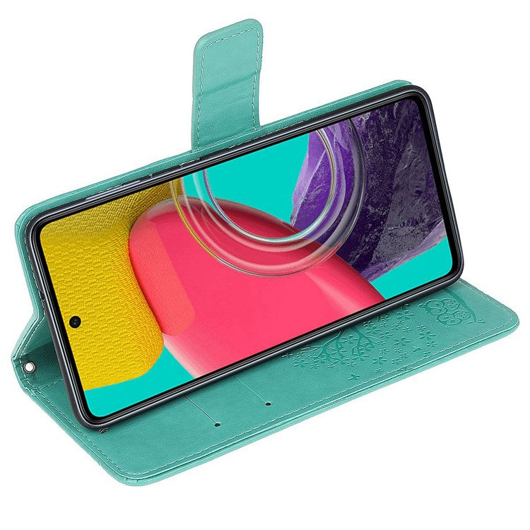 For Samsung Galaxy M33 5G (India Version) PU Leather Owl Tree Pattern Imprinted Phone Cover Wallet Viewing Stand Anti-Drop Protective Case with Wrist Strap - Green